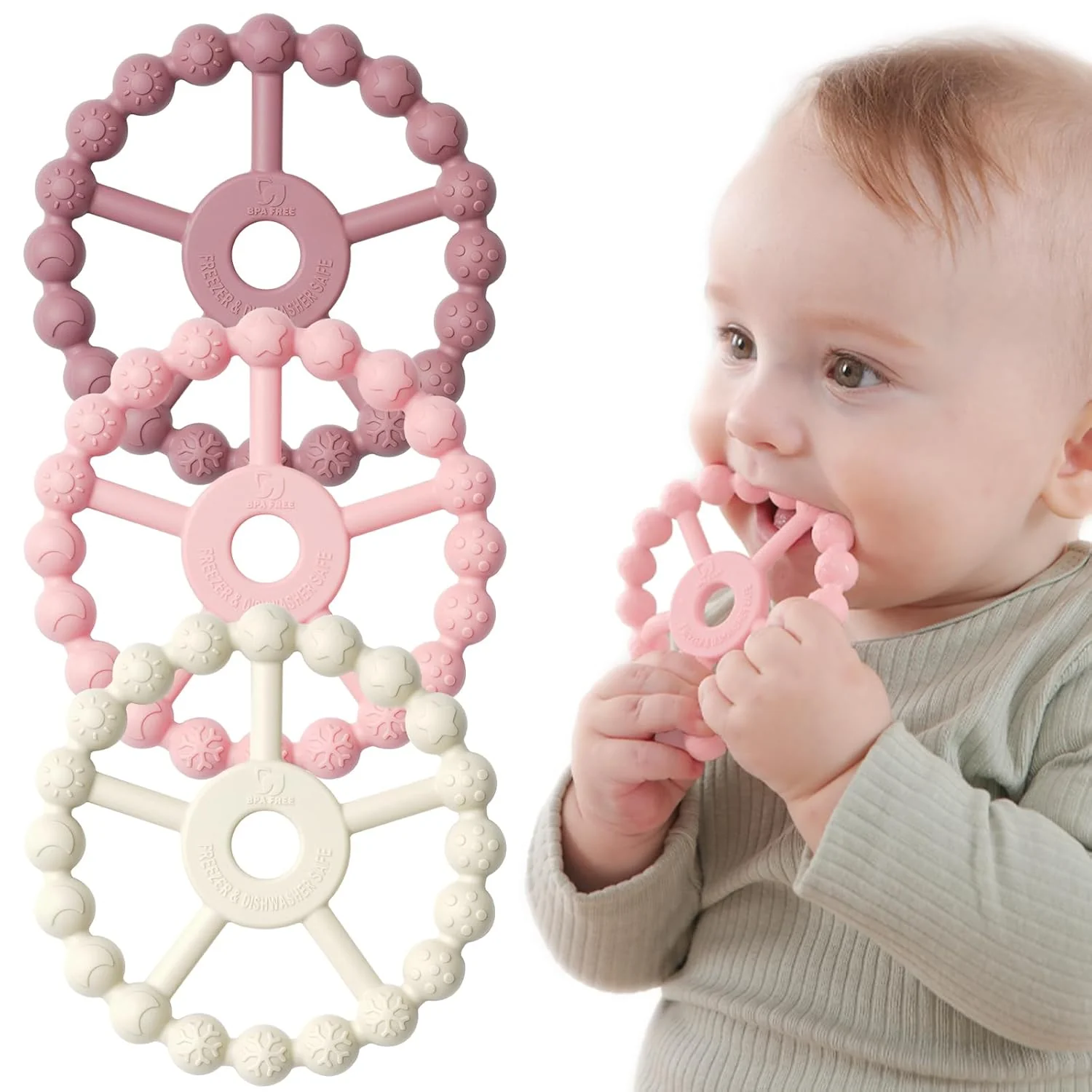 3 Pack Ring Teether Baby Infant Toys, Baby Essentials, Silicone Teething Ring Toys for Babies 0-6 Months, Toddler Teethers 6-12 Months 12-24 Months, Infant Teething Relief, Purple Pink White