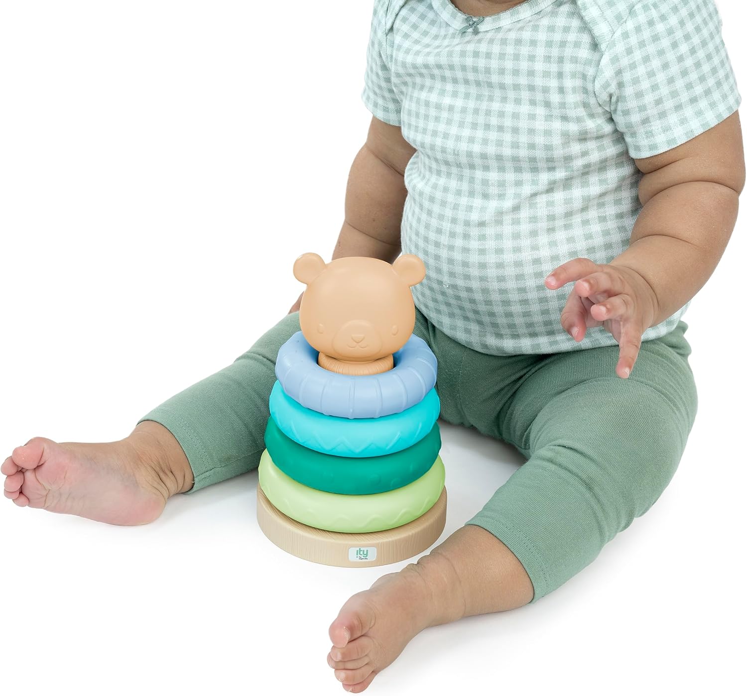 Cutie Stacks, 4 BPA-Free Rings, Faux Wood Stand, Bear Topper, Unisex, for Ages 6 Months and Up - Nate