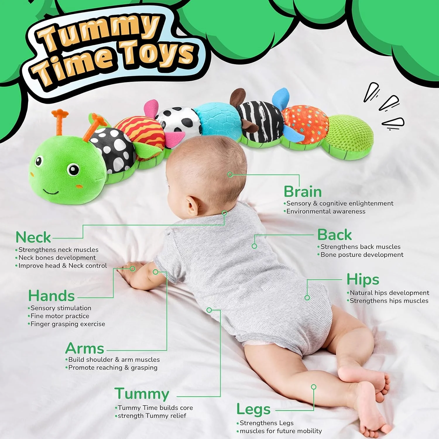 Baby Toys 6-12 Months Musical Caterpillar,Stuffed Animals Infant Toys 0-6 Months Sensory Toy with Ruler Design,Crinkle&Ring Bell,Baby Teething Toys for Tummy Time Boy Girl Gifts