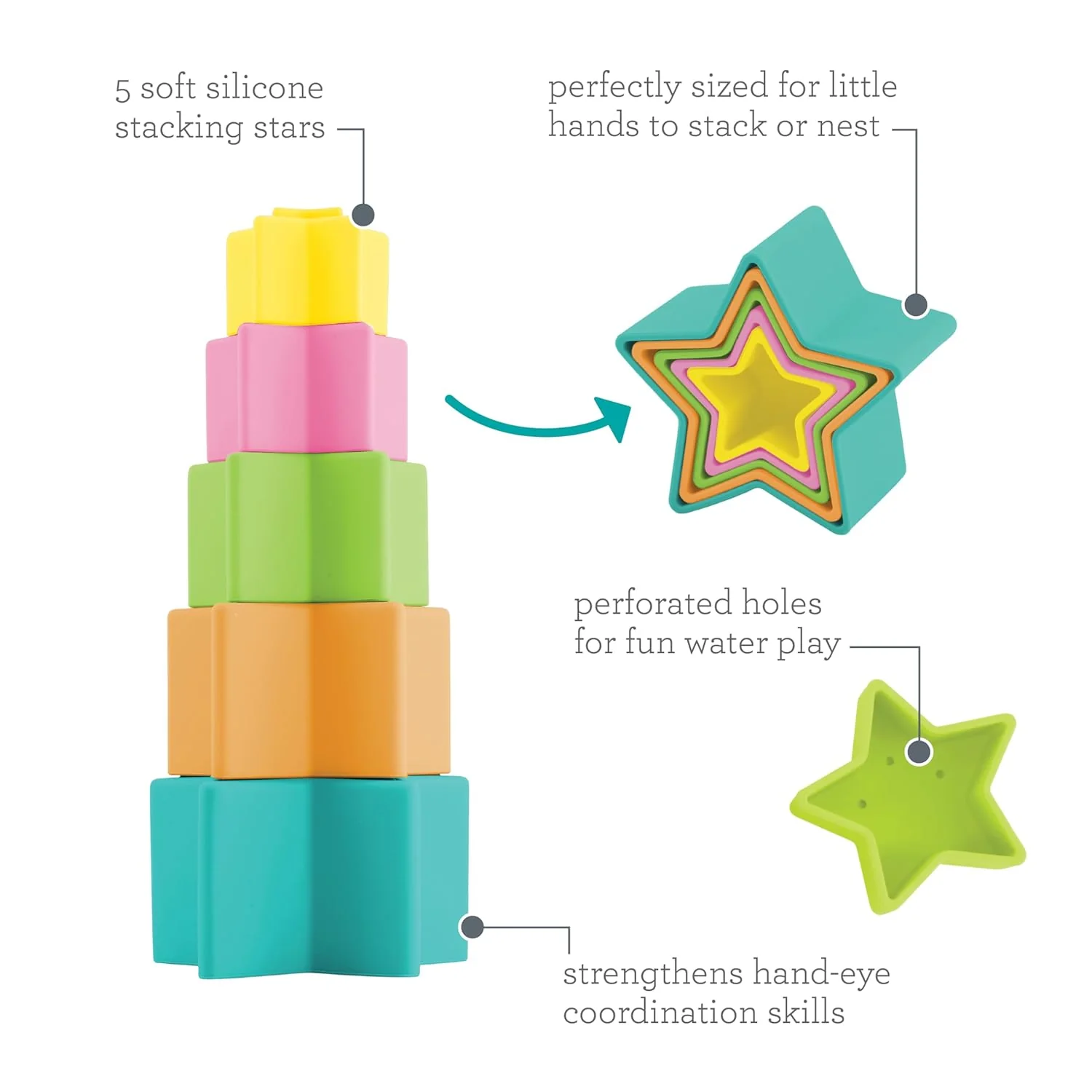 Silicone Stacking Stars, 5-Piece Bath & Learning Toy, Soft Silicone, Durable, Easy-to-Grip, Counting, Nesting & Water Play for Babies & Toddlers